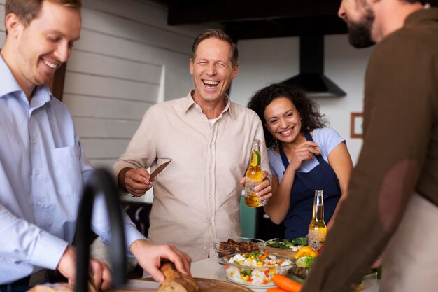 close up happy people with food