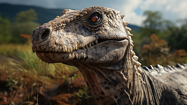 Close up of the head of a dinosaur in a field