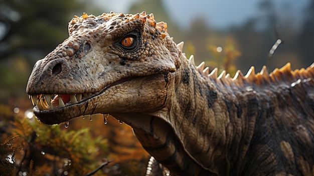 Close up of the head of a dinosaur in a field