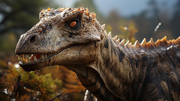 Close up of the head of a dinosaur in a field