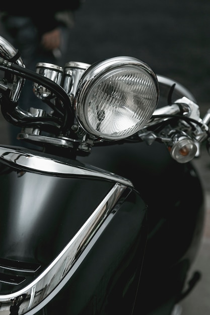 Close-up headlight of vintage motorcycle