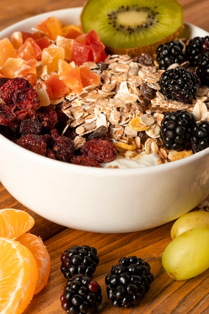 Close-up healthy breakfast on table