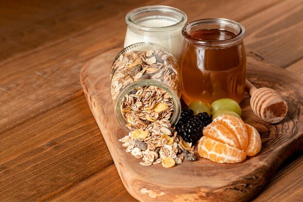 Close-up healthy breakfast on table