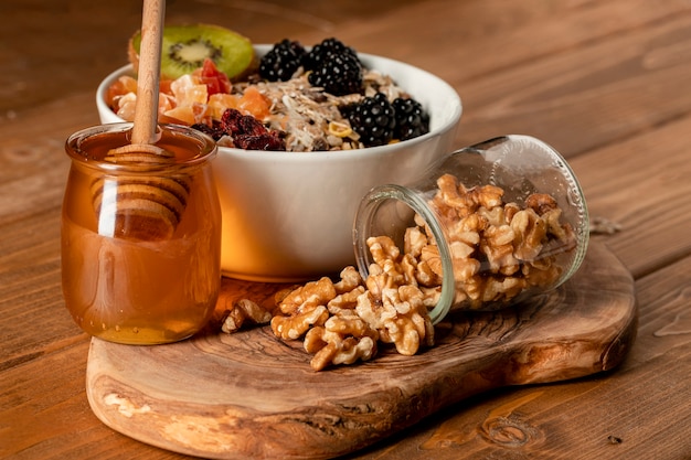 Close-up healthy breakfast on table