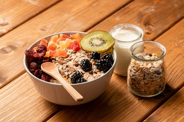 Close-up healthy breakfast on table