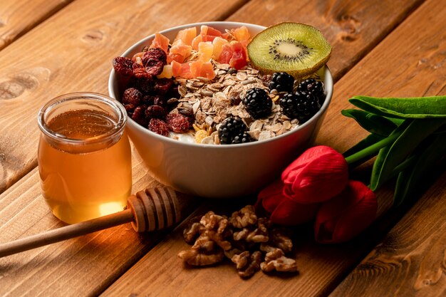 Close-up healthy breakfast on table