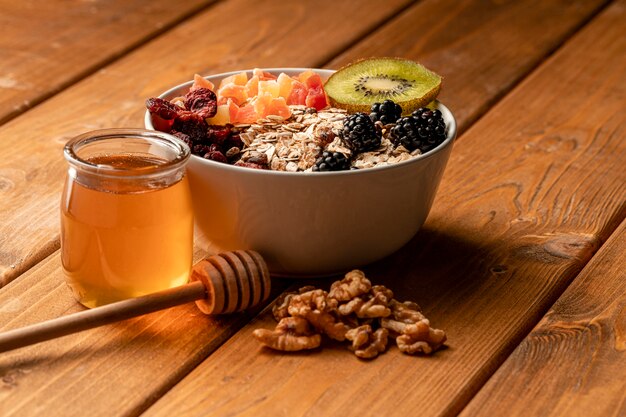 Close-up healthy breakfast on table