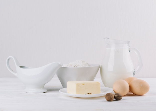 Close-up of healthy food ingredients on white backdrop