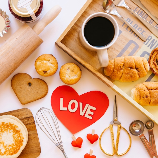 Close-up heart near breakfast