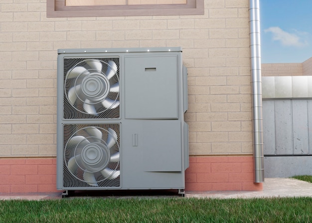 Close up on heat pump outside home