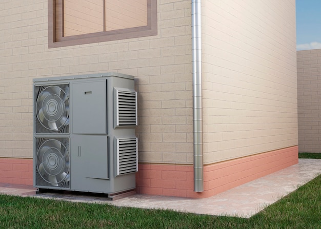 close up on heat pump outside home