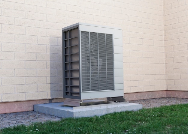Close up on heat pump outside home