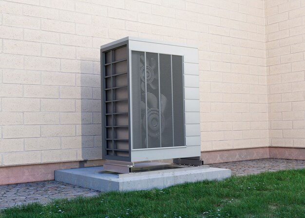 close up on heat pump outside home