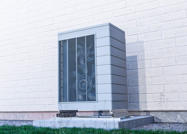 Close up on heat pump outside home
