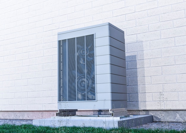 Close up on heat pump outside home