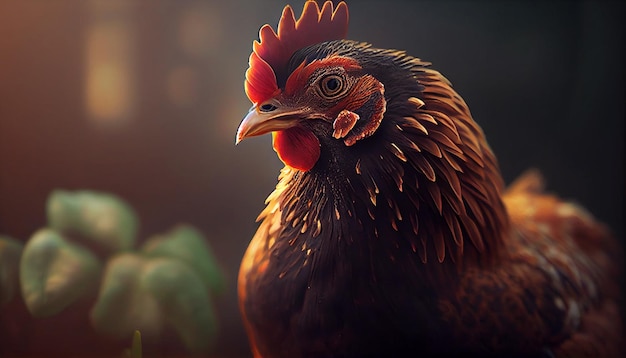 Close up hen in the farm scene generative AI