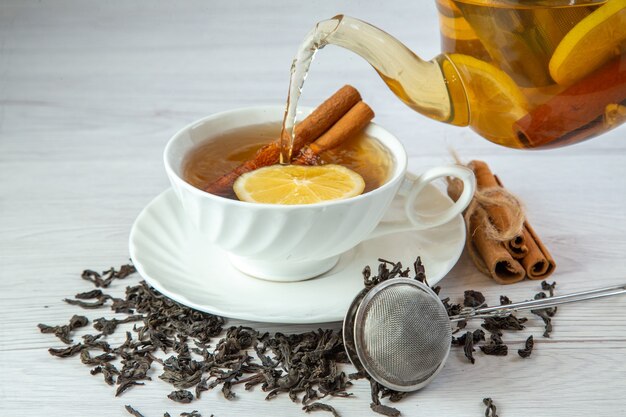 Close up on herbal tea in a cup vessel