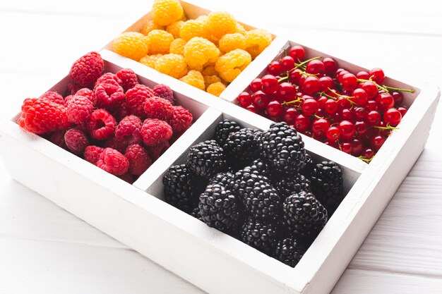 Close-up high angle view tray of berries