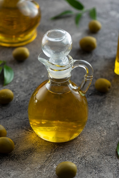 Close-up high view of small bottle of olive oil