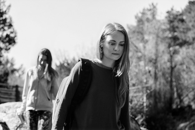 Close-up of hiker in black and white