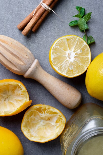 Close-up homemade lemonade with cinnamon sticks