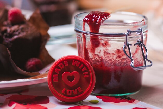 Close up homemade raspberry jam