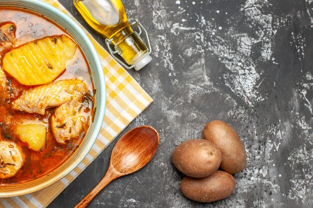 Close up on homemade soup with chicken and spices set