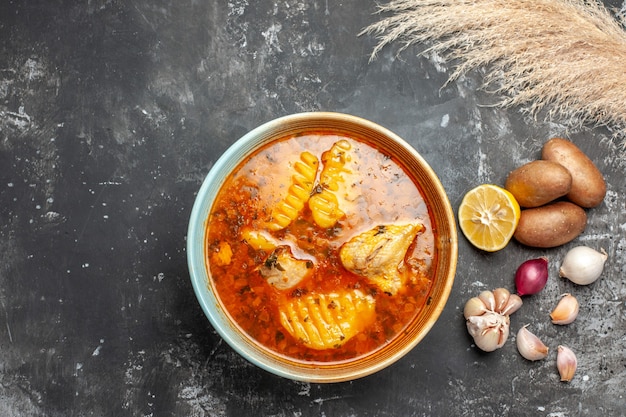 Close up on homemade soup with chicken and spices set