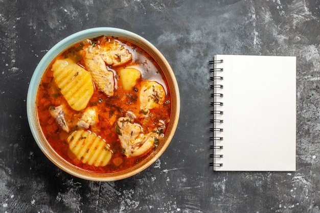 Close up on homemade soup with chicken and spices set