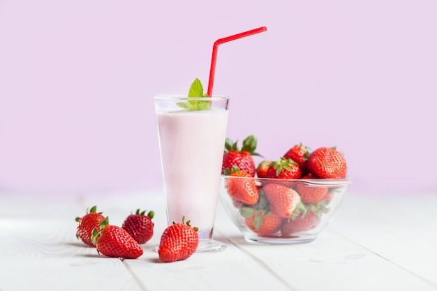 Close up of homemade strawberry milk shake