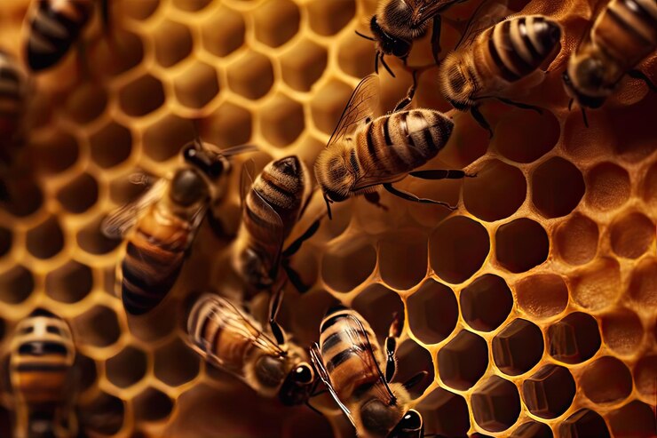 Free Photo close up honeycomb with bee and honey ai generative