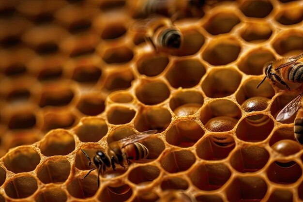 Close up Honeycomb with bee and honey Ai generative