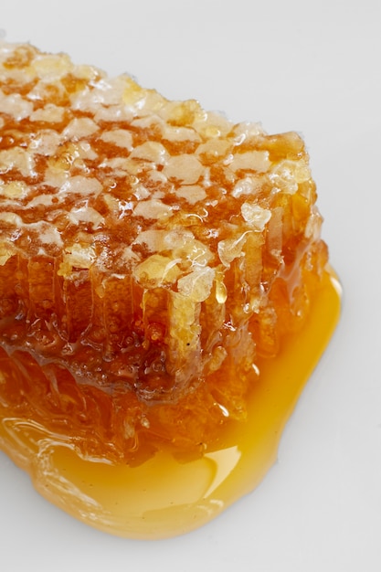 Close-up of honeycomb with beeswax and honey