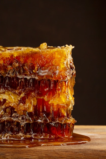 Close-up of honeycomb with honey and beeswax