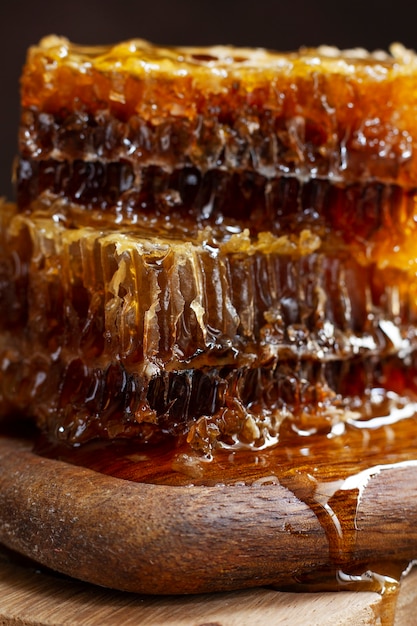 Close-up of honeycomb with honey and beeswax