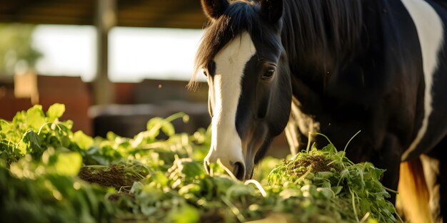 Close up on horse eating greens