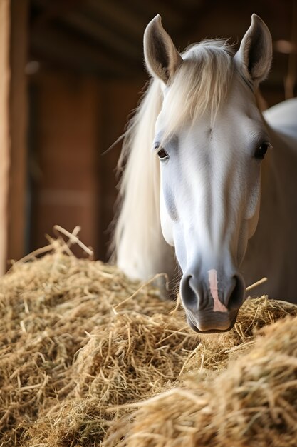 Close up on horse eating hay