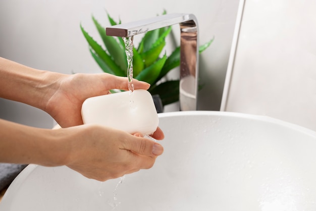 Close up on hygienic hand washing