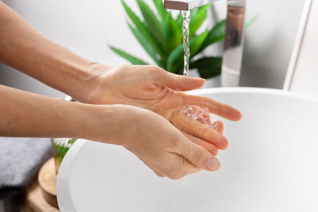 Close up on hygienic hand washing