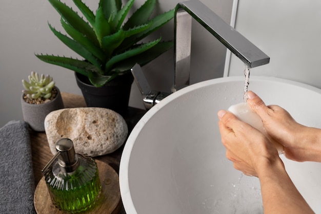 Close up on hygienic hand washing