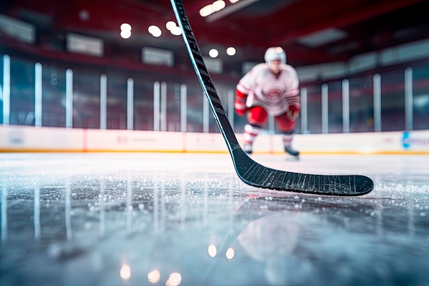 Foto gratuita close up del bastone di hockey su ghiaccio sulla pista di pattinaggio in posizione per colpire il disco di hockey