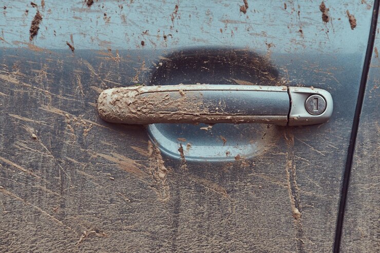 Free Photo close-up image of a dirty car after a trip around the countryside. door handle.
