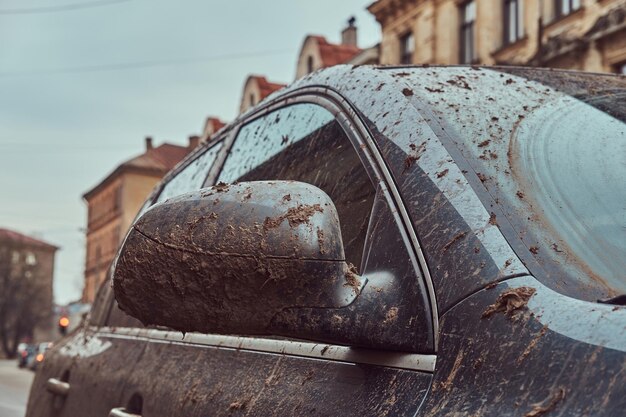 Close-up image of a dirty car after a trip around the countryside