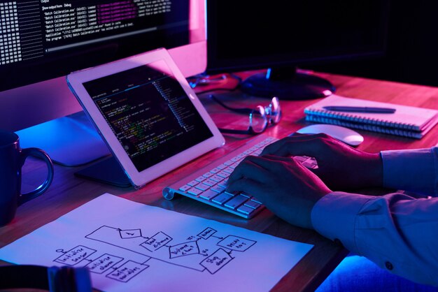 Крупным планом изображение программиста, работающего на своем столе в офисе