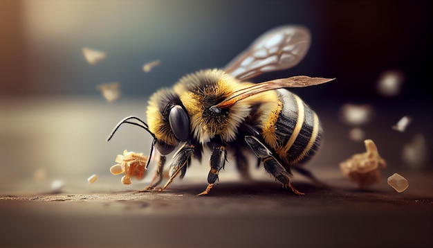 Close up industrious bee flying in search of its pollen generative ai