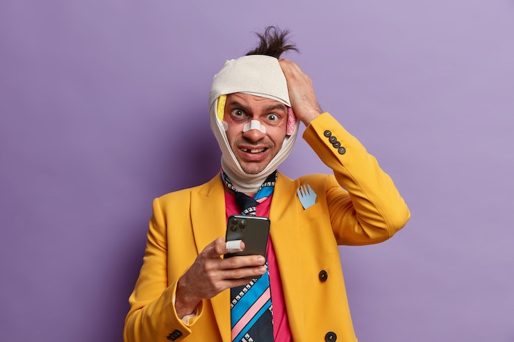 मुफ़्त फोटो आँखों के नीचे गहरे नीले निशान और मस्तिष्क में चोट के साथ घायल आदमी का क्लोज-अप, पट्टी पहने हुए है।