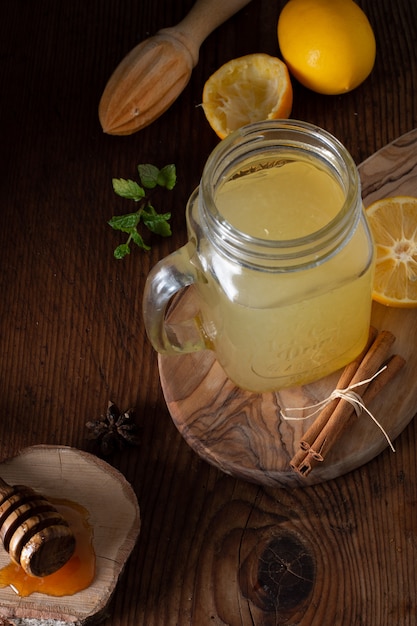 Close-up jar with homemade fresh lemonade