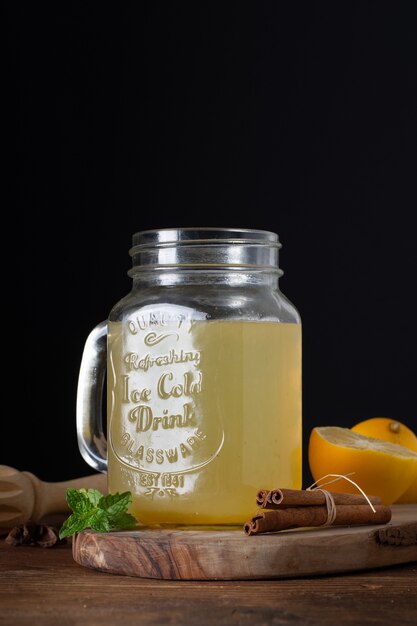 Close-up jar with homemade lemonade