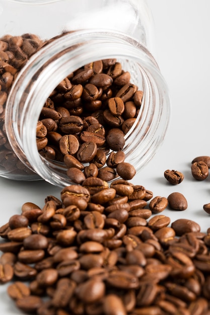 Close-up jar with organic coffee beans
