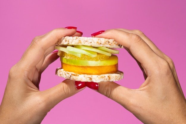 Close up juicy sandwich with fruits
